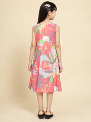 Girls Red Ethnic Motifs Digital Print Fit and Flare Midi Dress