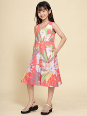 Girls Red Ethnic Motifs Digital Print Fit and Flare Midi Dress