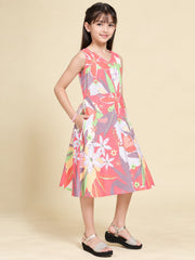 Girls Red Ethnic Motifs Digital Print Fit and Flare Midi Dress