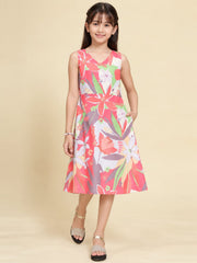 Girls Red Ethnic Motifs Digital Print Fit and Flare Midi Dress