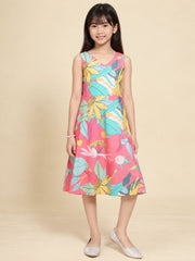 Girls Pink Ethnic Motifs Digital Print Fit and Flare Midi Dress