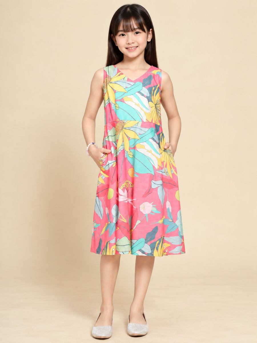 Girls Pink Ethnic Motifs Digital Print Fit and Flare Midi Dress
