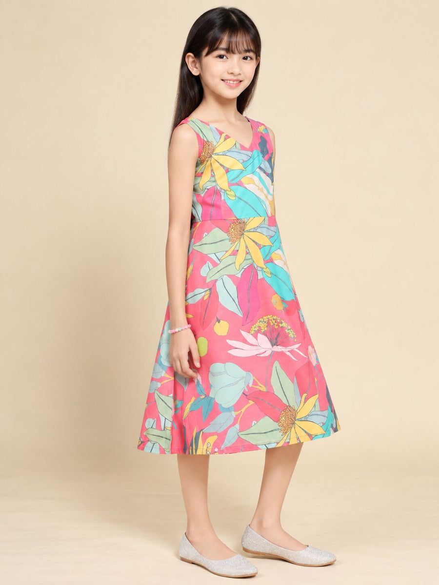 Girls Pink Ethnic Motifs Digital Print Fit and Flare Midi Dress