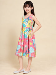 Girls Pink Ethnic Motifs Digital Print Fit and Flare Midi Dress