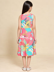 Girls Pink Ethnic Motifs Digital Print Fit and Flare Midi Dress
