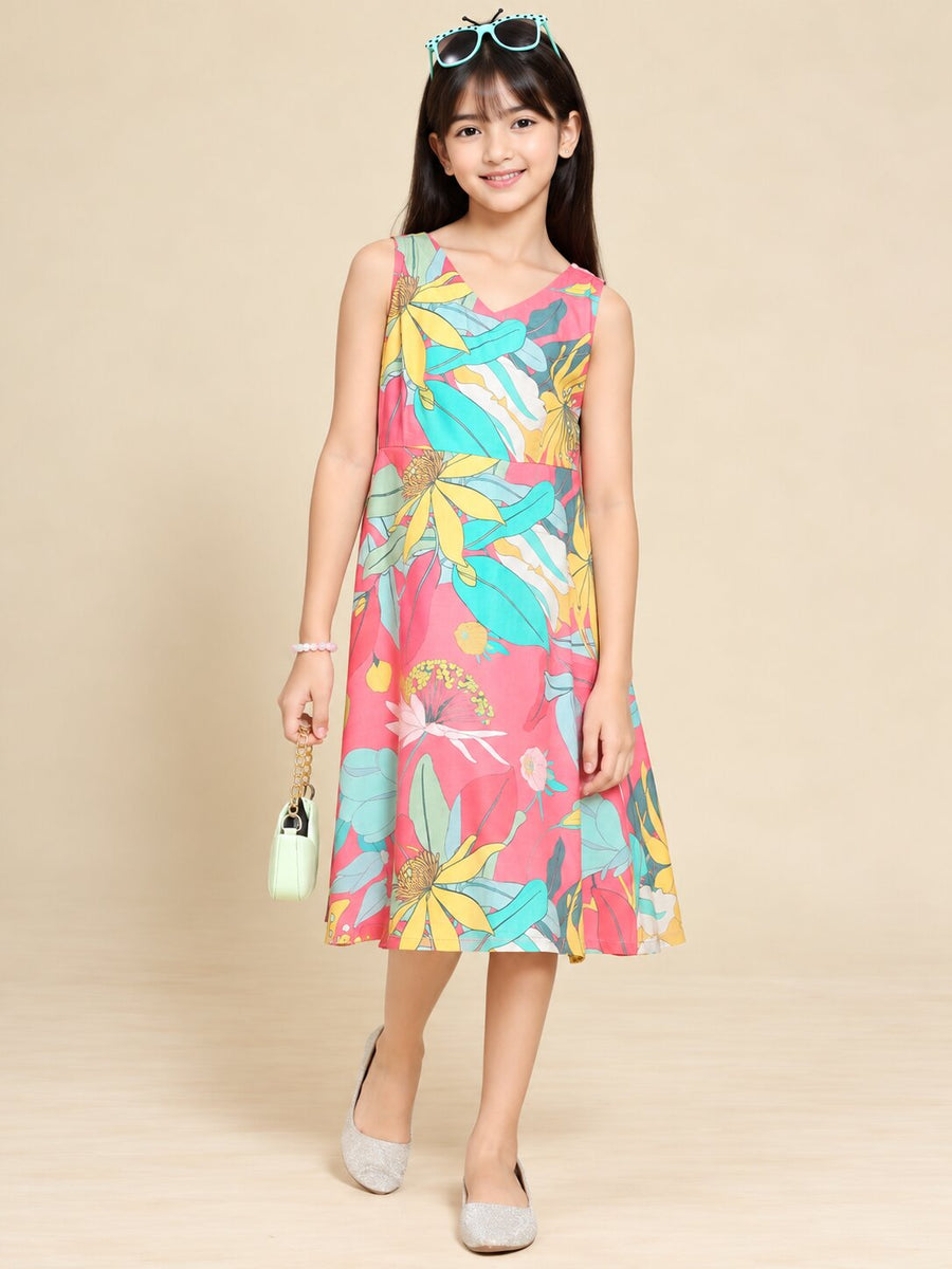 Girls Pink Ethnic Motifs Digital Print Fit and Flare Midi Dress
