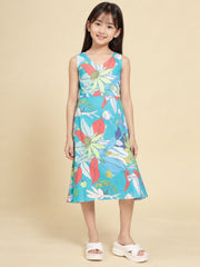 Girls Teal Ethnic Motifs Digital Print Fit and Flare Midi Dress