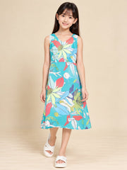 Girls Teal Ethnic Motifs Digital Print Fit and Flare Midi Dress