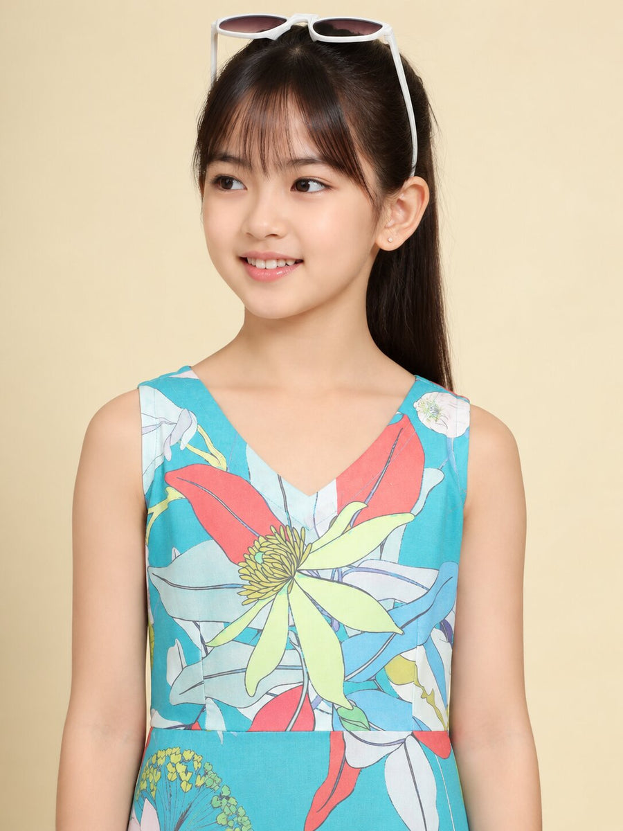 Girls Teal Ethnic Motifs Digital Print Fit and Flare Midi Dress