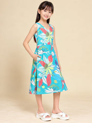 Girls Teal Ethnic Motifs Digital Print Fit and Flare Midi Dress