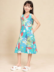 Girls Teal Ethnic Motifs Digital Print Fit and Flare Midi Dress