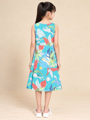 Girls Teal Ethnic Motifs Digital Print Fit and Flare Midi Dress