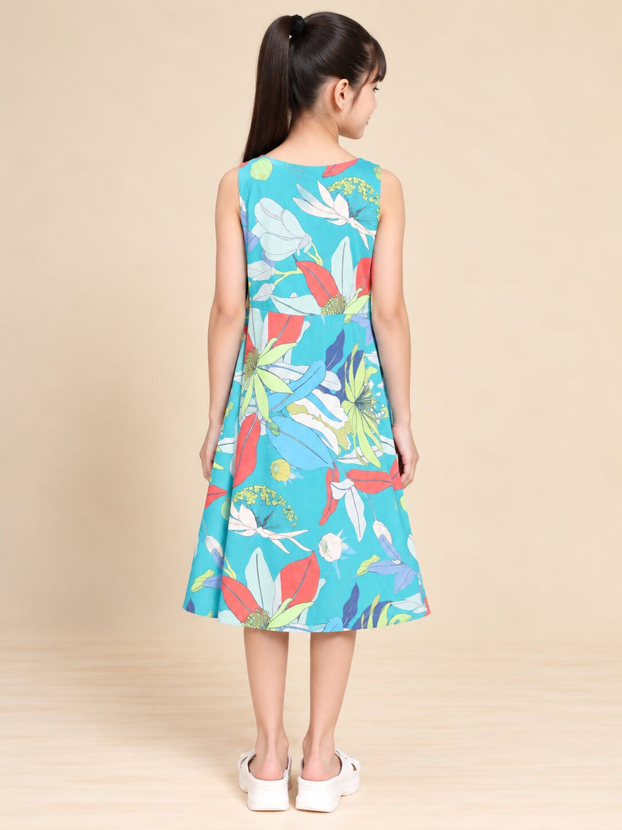 Girls Teal Ethnic Motifs Digital Print Fit and Flare Midi Dress