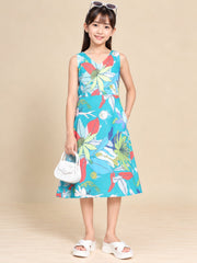 Girls Teal Ethnic Motifs Digital Print Fit and Flare Midi Dress