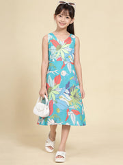 Girls Teal Ethnic Motifs Digital Print Fit and Flare Midi Dress