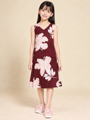 Girls Burgundy Ethnic Motifs Digital Print Fit and Flare Midi Dress