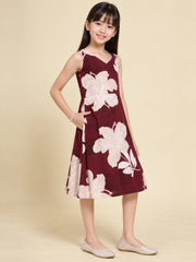 Girls Burgundy Ethnic Motifs Digital Print Fit and Flare Midi Dress