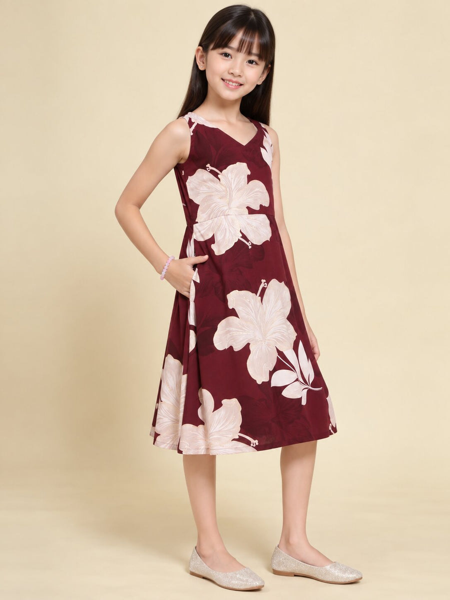 Girls Burgundy Ethnic Motifs Digital Print Fit and Flare Midi Dress