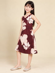 Girls Burgundy Ethnic Motifs Digital Print Fit and Flare Midi Dress