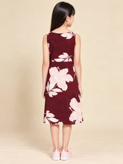 Girls Burgundy Ethnic Motifs Digital Print Fit and Flare Midi Dress