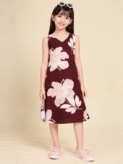 Girls Burgundy Ethnic Motifs Digital Print Fit and Flare Midi Dress