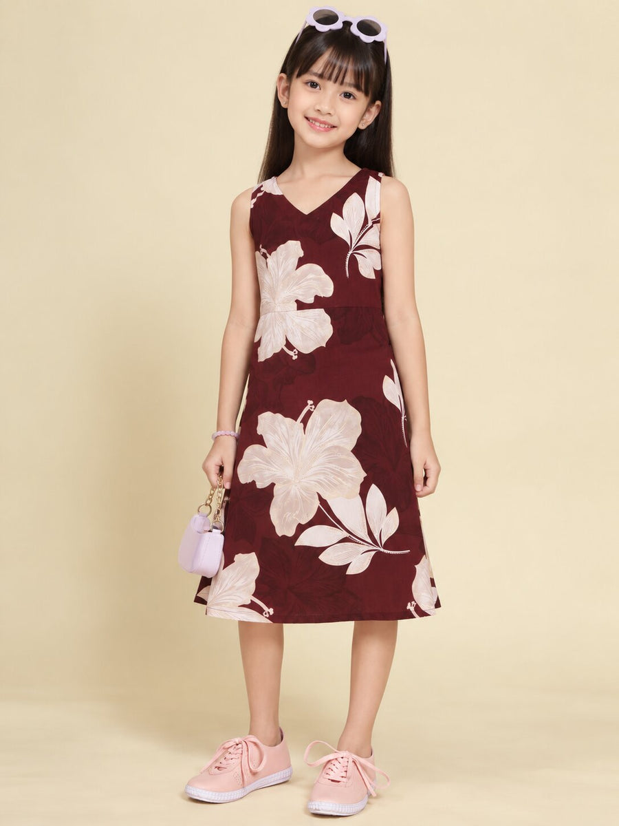 Girls Burgundy Ethnic Motifs Digital Print Fit and Flare Midi Dress