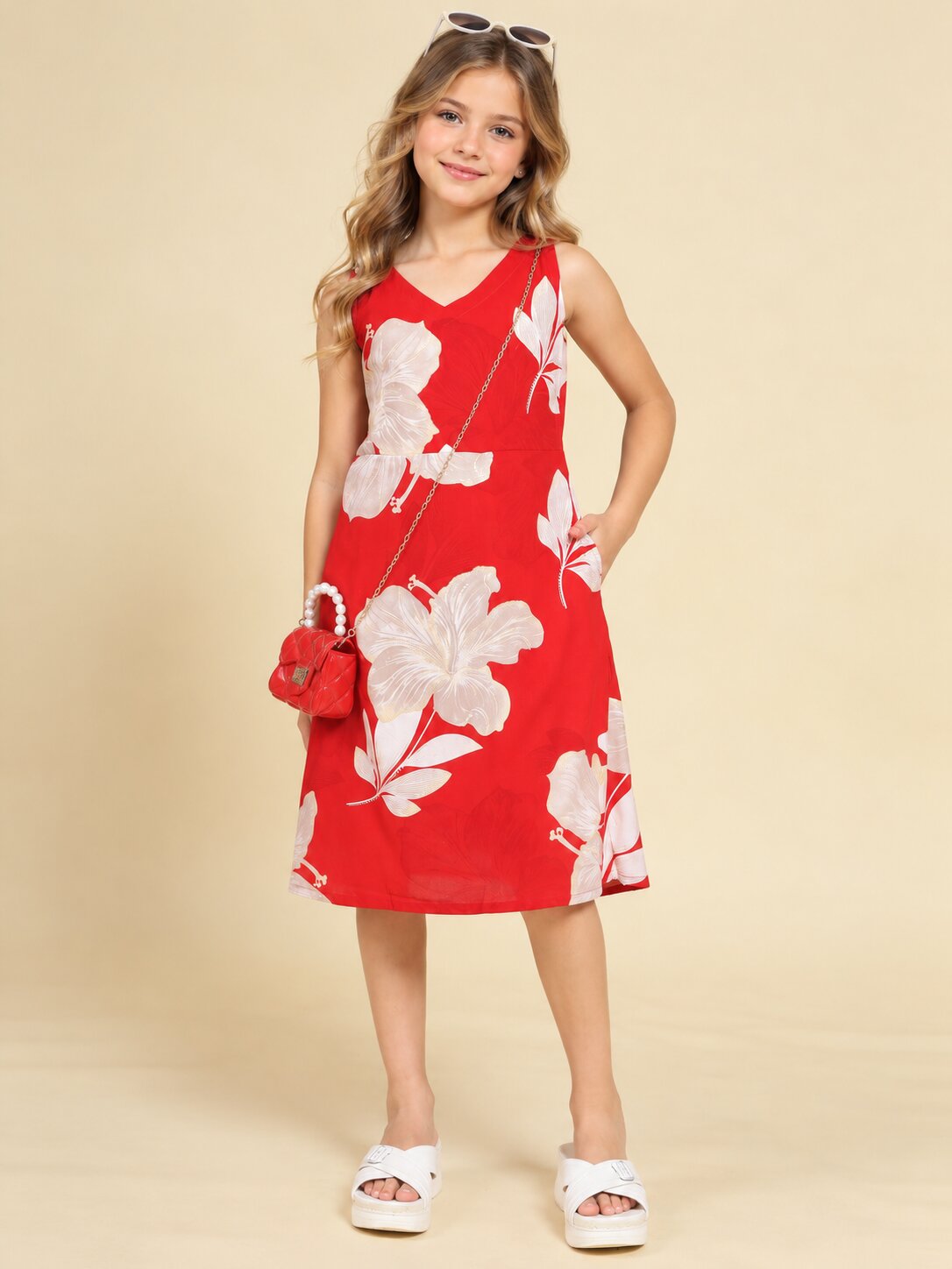 Girls Red Ethnic Motifs Digital Print Fit and Flare Midi Dress