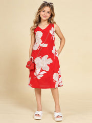 Girls Red Ethnic Motifs Digital Print Fit and Flare Midi Dress