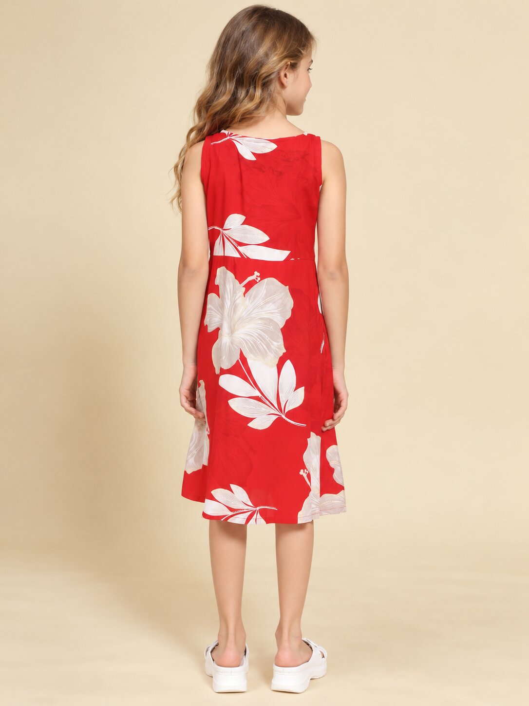 Girls Red Ethnic Motifs Digital Print Fit and Flare Midi Dress