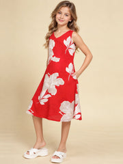 Girls Red Ethnic Motifs Digital Print Fit and Flare Midi Dress