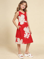 Girls Red Ethnic Motifs Digital Print Fit and Flare Midi Dress