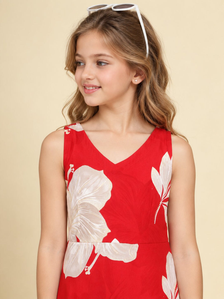 Girls Red Ethnic Motifs Digital Print Fit and Flare Midi Dress