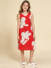 Girls Red Ethnic Motifs Digital Print Fit and Flare Midi Dress