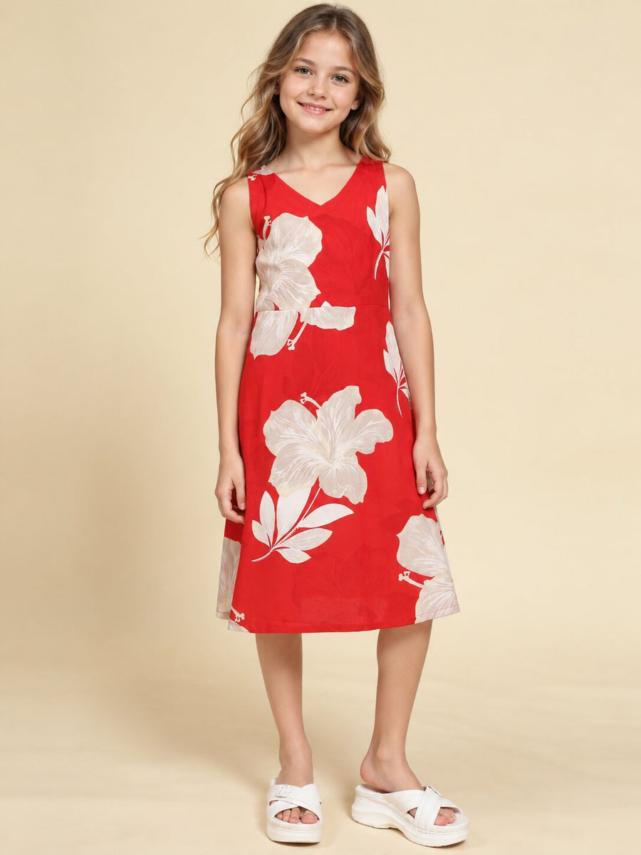 Girls Red Ethnic Motifs Digital Print Fit and Flare Midi Dress