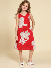 Girls Red Ethnic Motifs Digital Print Fit and Flare Midi Dress