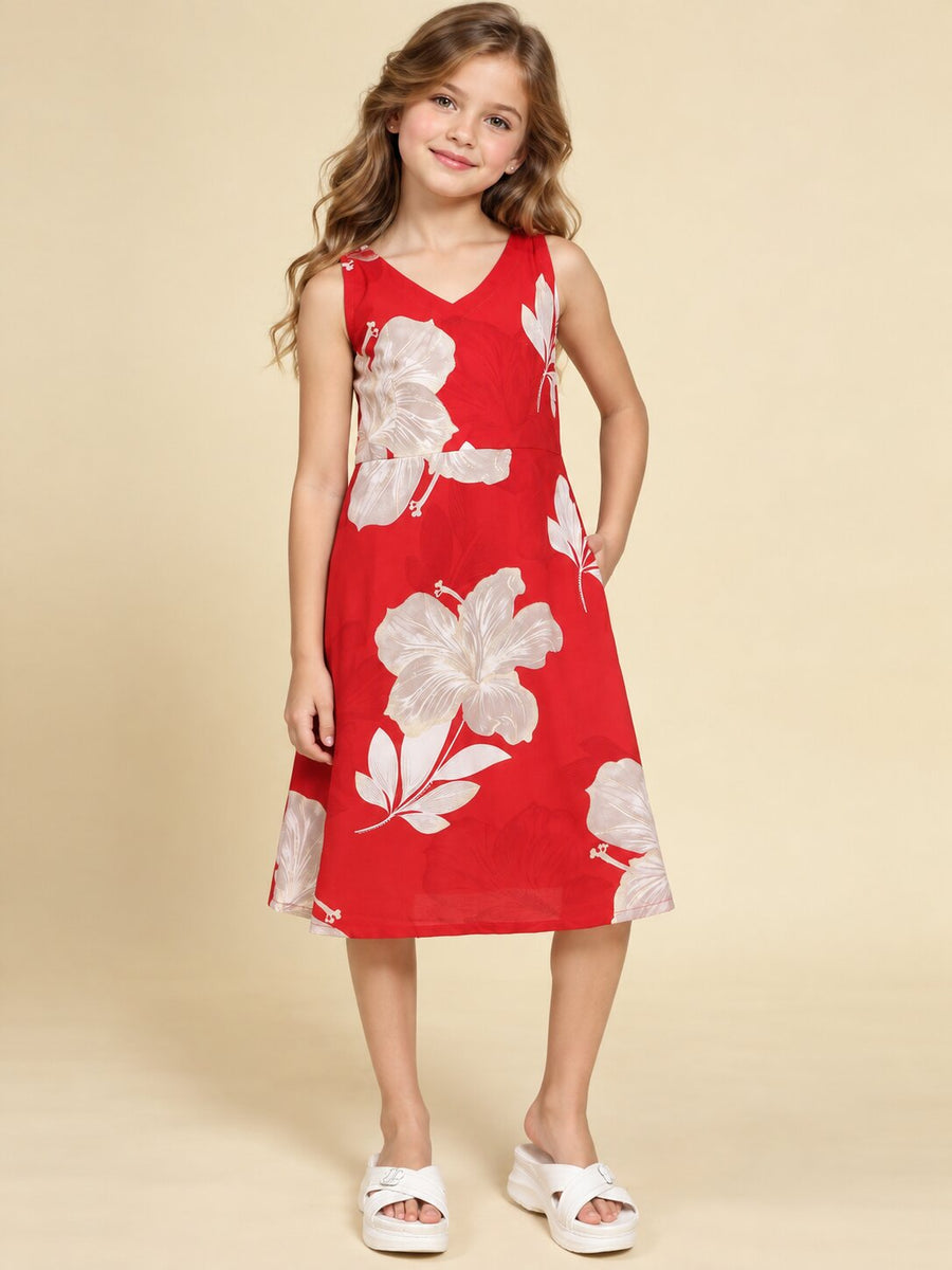 Girls Red Ethnic Motifs Digital Print Fit and Flare Midi Dress