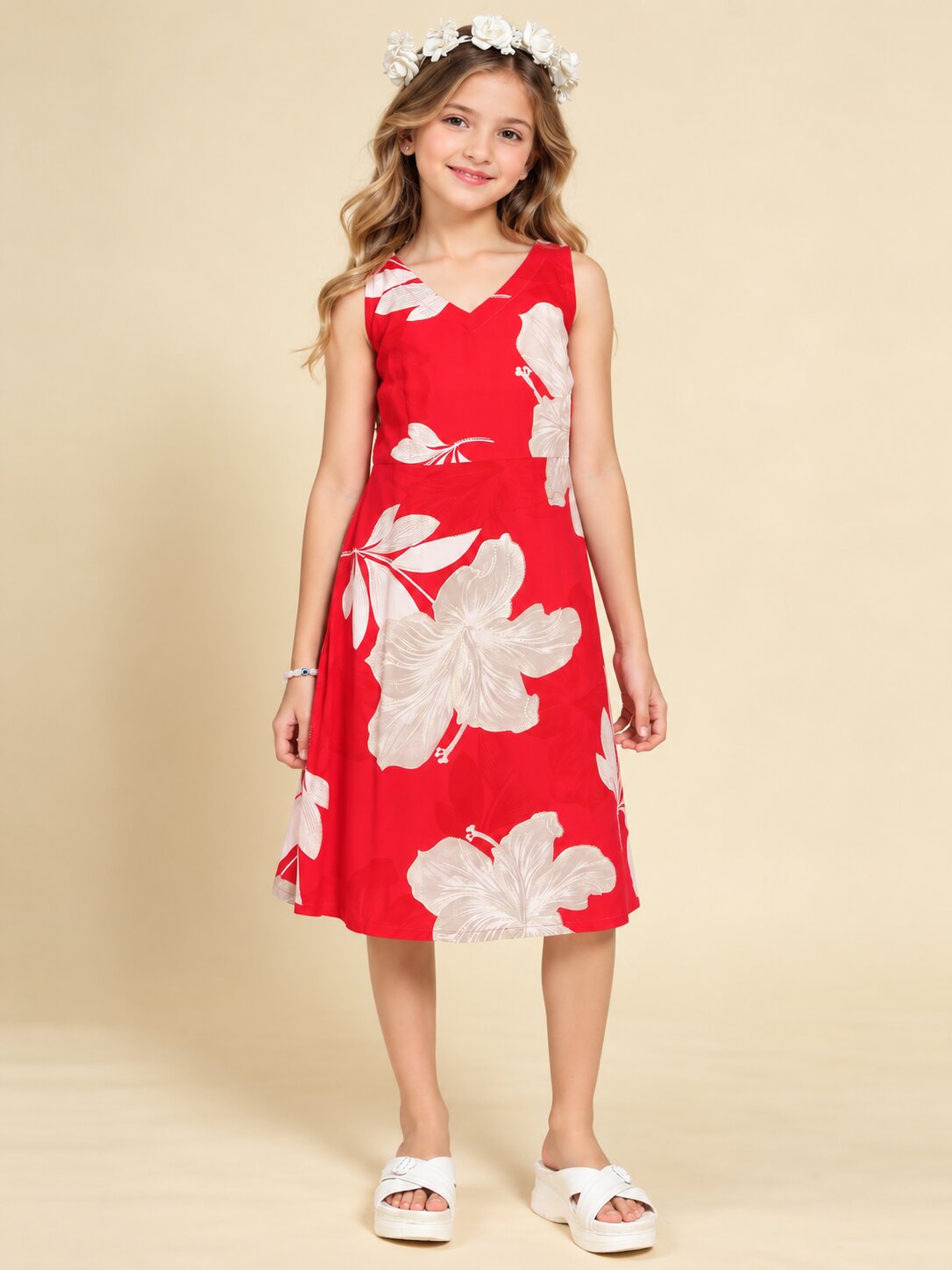 Girls Red Ethnic Motifs Digital Print Fit and Flare Midi Dress