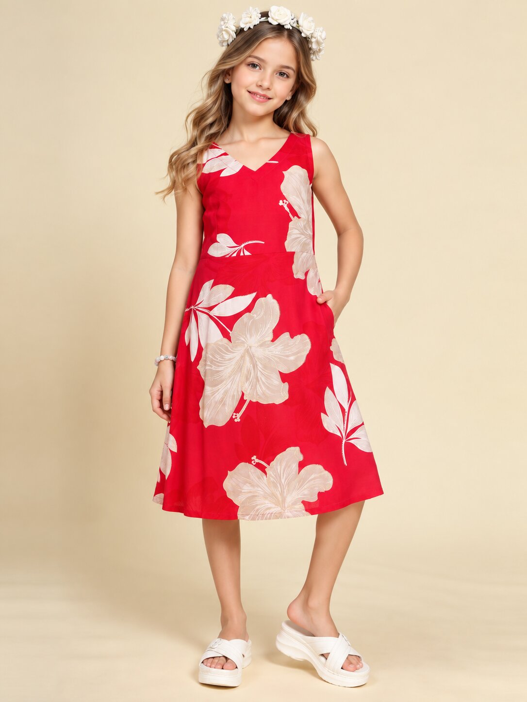 Girls Red Ethnic Motifs Digital Print Fit and Flare Midi Dress