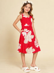 Girls Red Ethnic Motifs Digital Print Fit and Flare Midi Dress