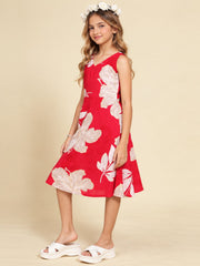 Girls Red Ethnic Motifs Digital Print Fit and Flare Midi Dress