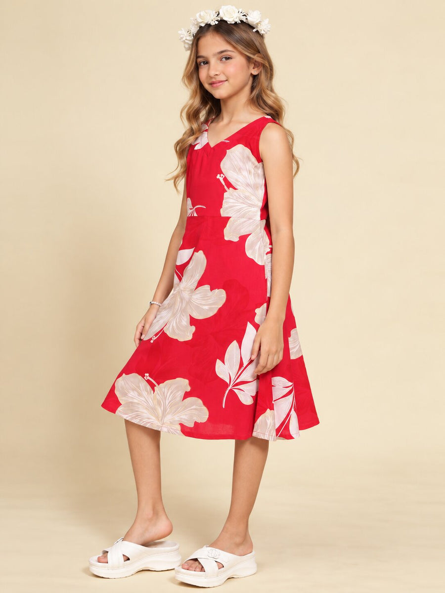 Girls Red Ethnic Motifs Digital Print Fit and Flare Midi Dress