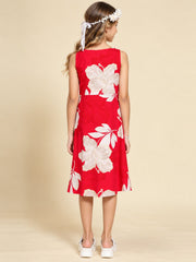 Girls Red Ethnic Motifs Digital Print Fit and Flare Midi Dress