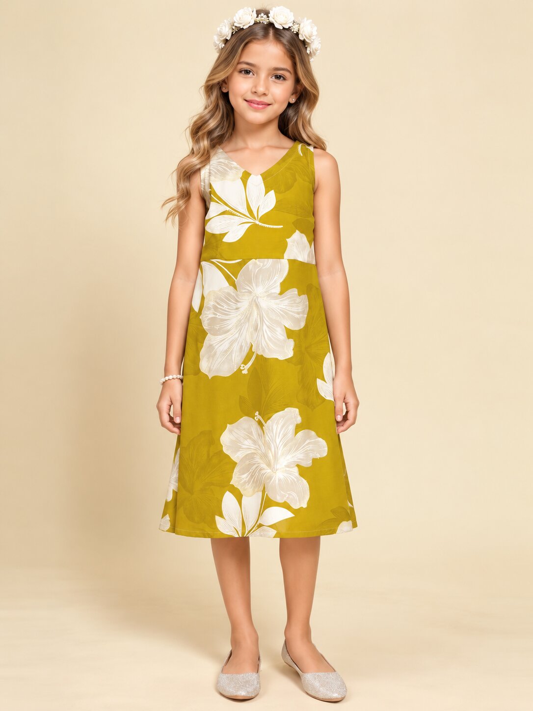 Girls Green Ethnic Motifs Digital Print Fit and Flare Midi Dress