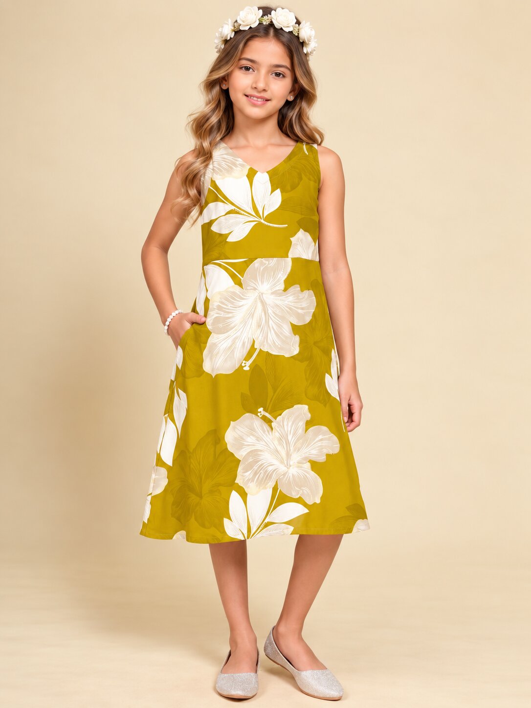 Girls Green Ethnic Motifs Digital Print Fit and Flare Midi Dress