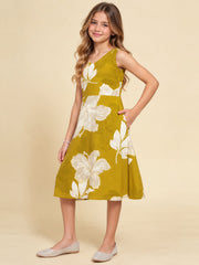 Girls Green Ethnic Motifs Digital Print Fit and Flare Midi Dress