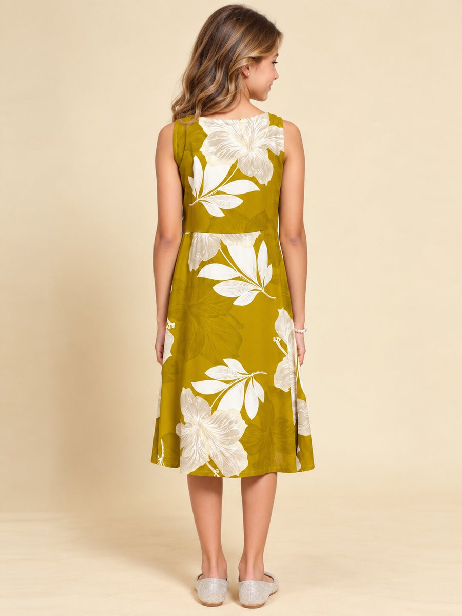 Girls Green Ethnic Motifs Digital Print Fit and Flare Midi Dress