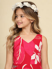 Girls Red Ethnic Motifs Digital Print Fit and Flare Midi Dress