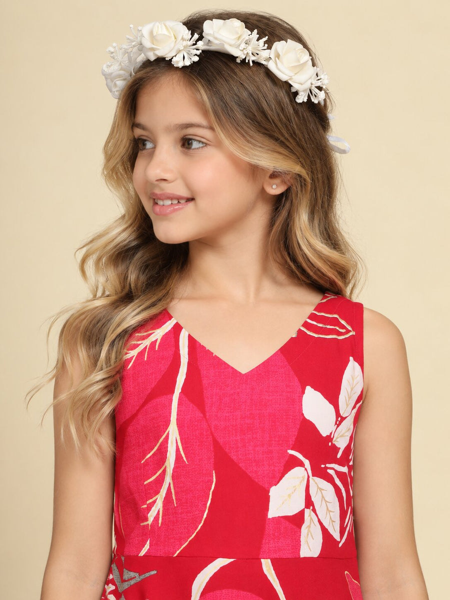 Girls Red Ethnic Motifs Digital Print Fit and Flare Midi Dress