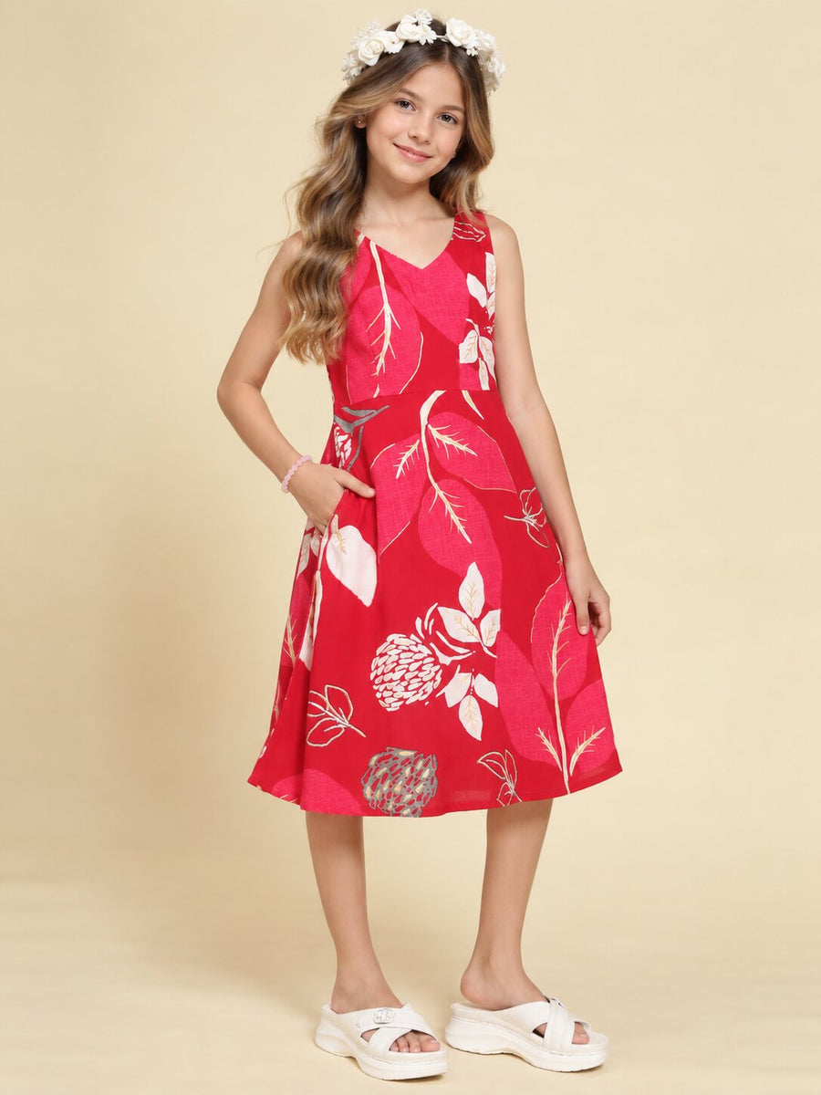 Girls Red Ethnic Motifs Digital Print Fit and Flare Midi Dress