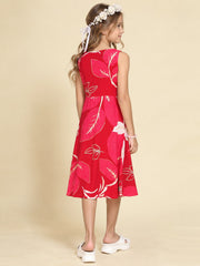 Girls Red Ethnic Motifs Digital Print Fit and Flare Midi Dress